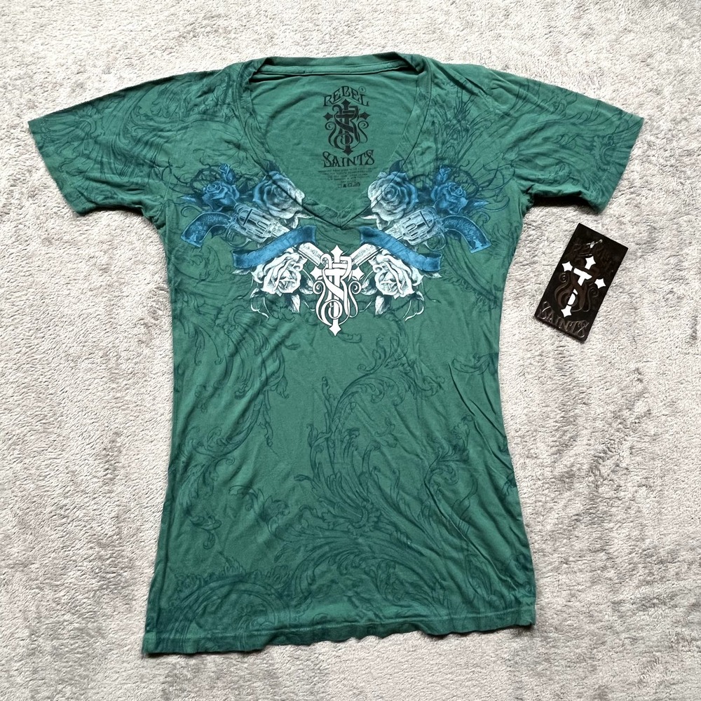 Vintage Y2K Regbel Saints by Afflication Womens Green Shirt‎ Guns Roses Sz Small